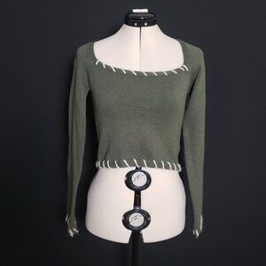 Vestique Stitched Up Sweater Cropped Pullover Olive Green/White Size Small